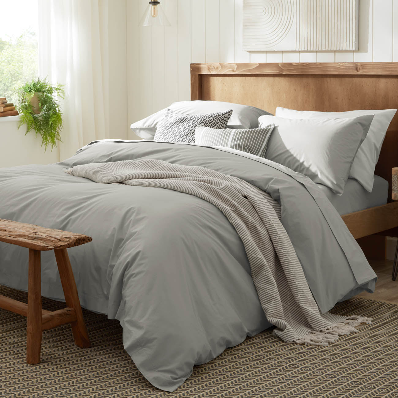 Percale Stone Grey Flat Sheet Side View