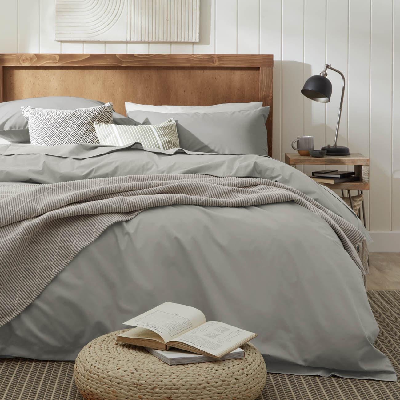 Percale Stone Grey Fitted Sheet Front View