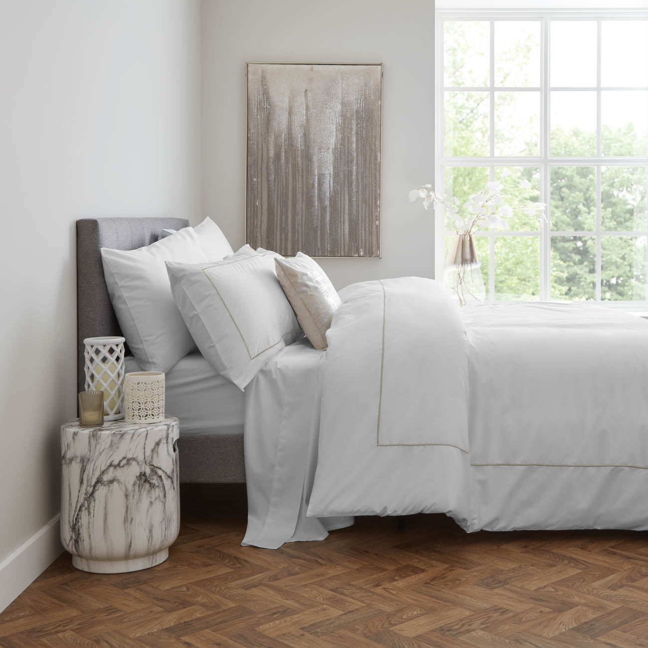 Percale White Cord Beige Duvet Cover Set Side View