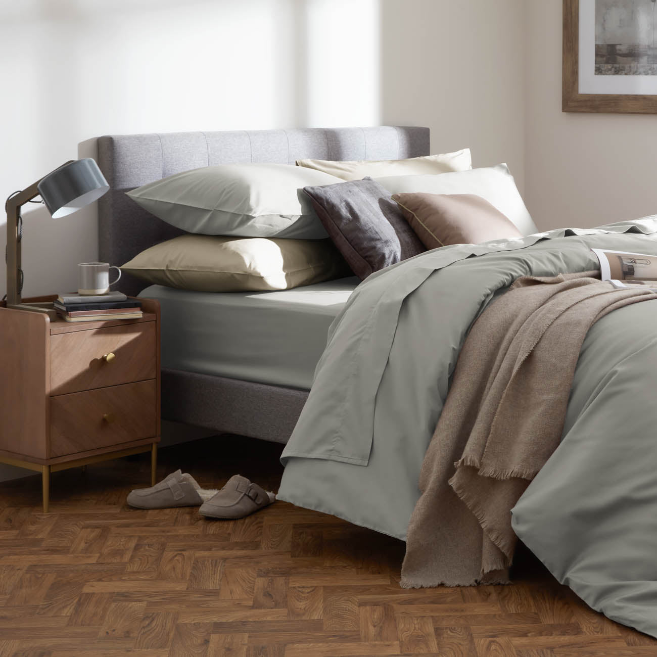 Sateen Cloud Grey and Sage green Bedding Side View
