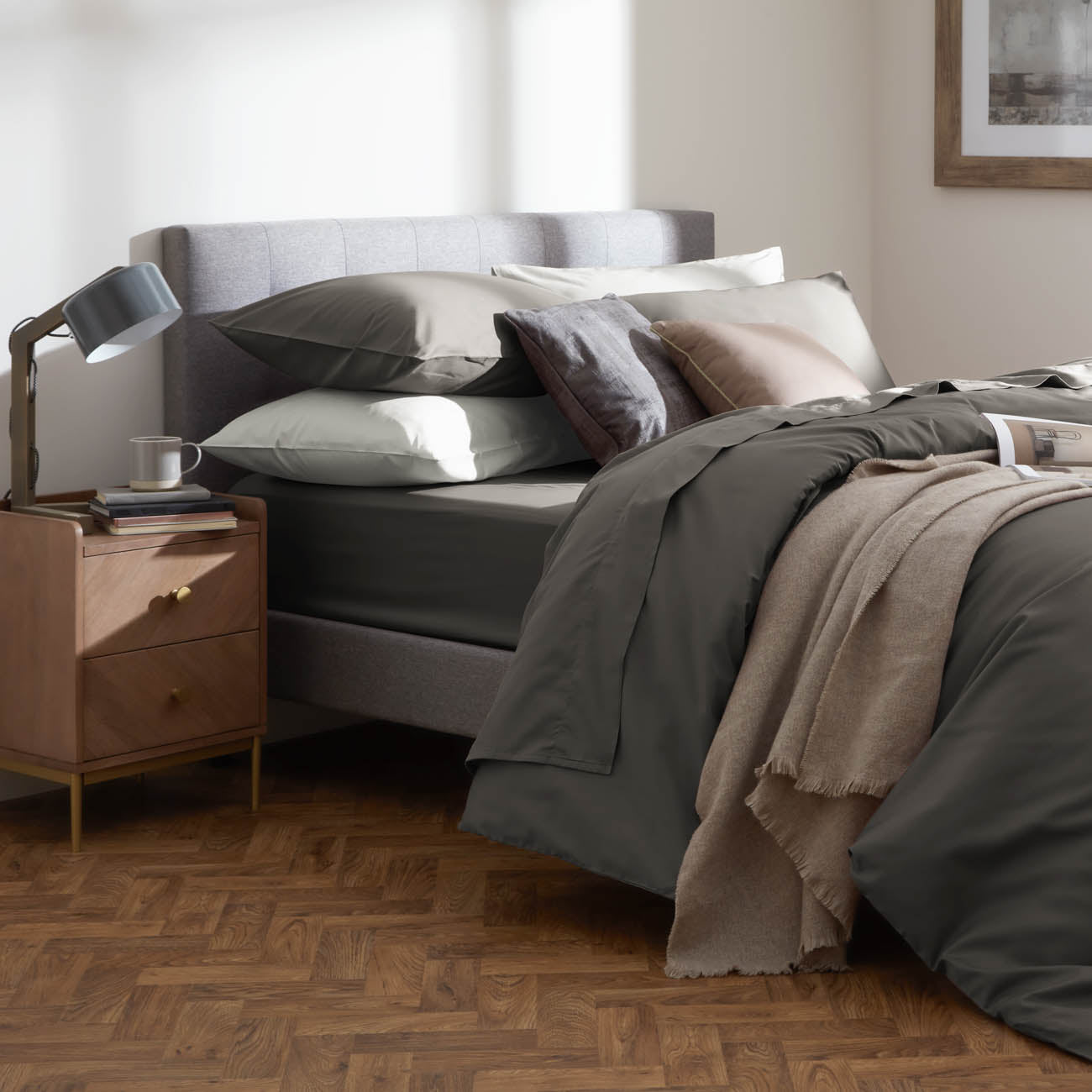 Sateen Charcoal Grey Fitted Sheet Bedding Side View