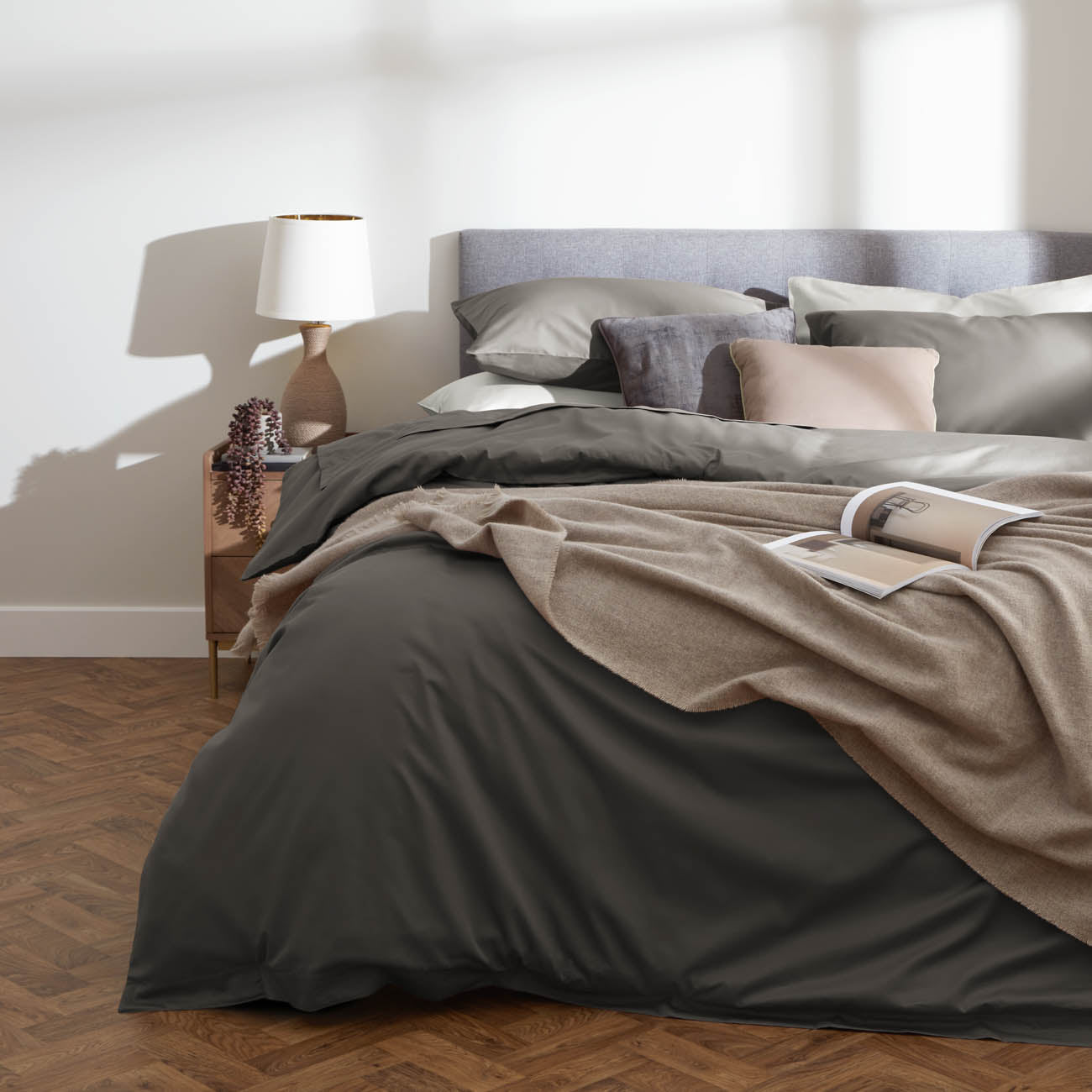 Sateen Charcoal Grey Fitted Sheet Bedding Front View